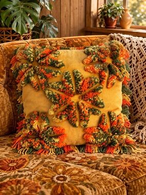 Vintage 70s Crochet Knit Throw Pillow Green Tassels Yellow Velvet Back Textured